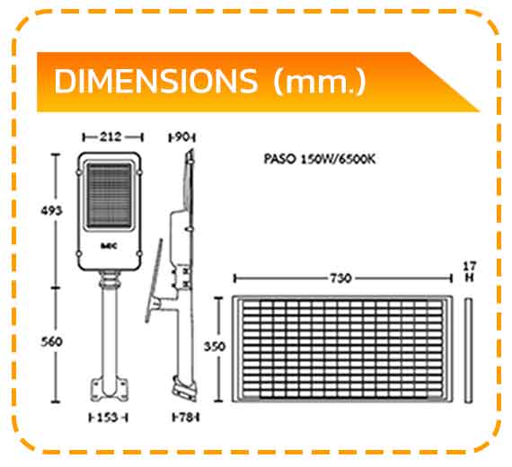 ขนาดโคมไฟถนนโซล่าเซลล์ LED 150W BEC PASO ขนาดโคมไฟถนนโซล่าเซลล์ LED 150W BEC PASO