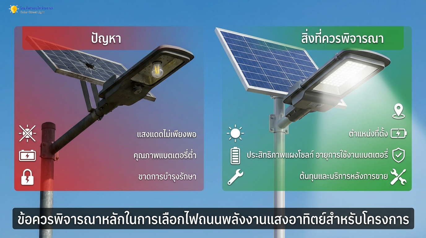 ปัญหาสำคัญในการเลือกซื้อไฟถนนโซล่าเซลล์สำหรับงานโครงการ